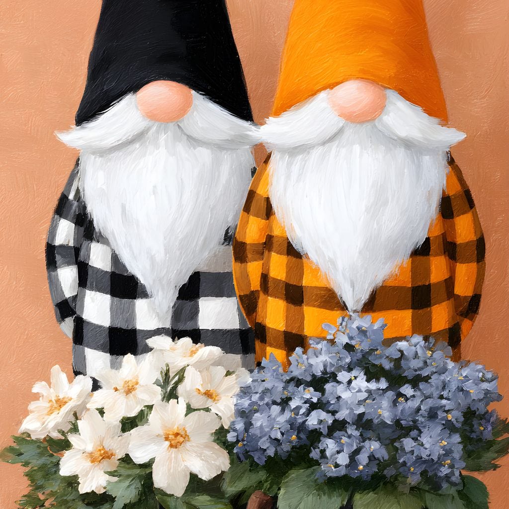 tablou canvas cu doi pitici cu doua buchete de flori si un dovleac pe fundal pastelat in stil Halloween