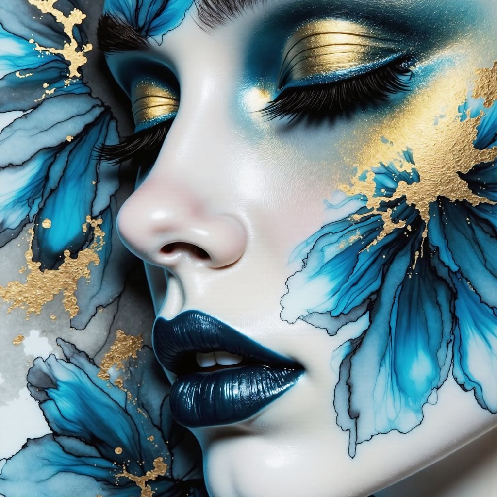 Tablou Canvas Premium, LuxCanva® G1241, In Flori de Gheata, Regina, Albastru, Aur, Vraja, Frig, Floare, Iarna, Cristal, Inima, Azur, Eclipsa, Renastere, Tacere, Liniste, Fotomodel, Salon, Living, Dormi