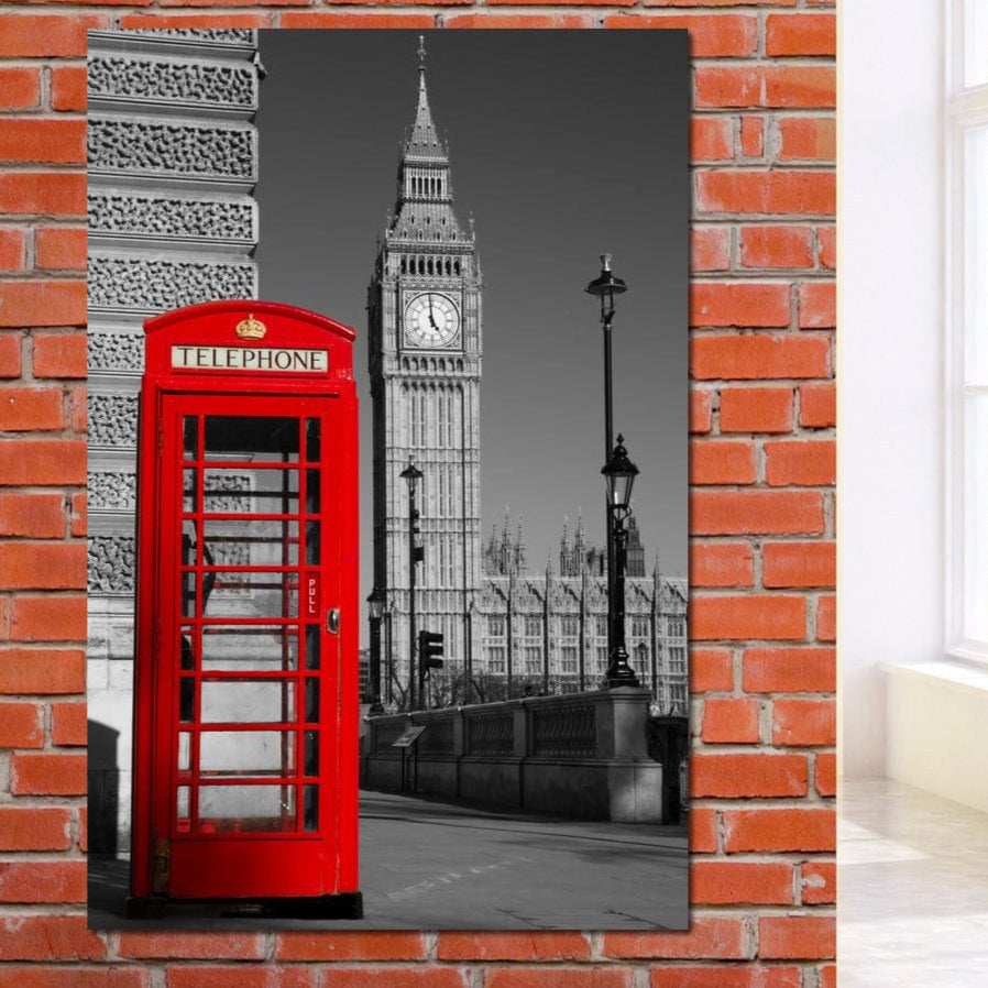 Tablou Canvas Premium, LuxCanva® O1038, Fereastra spre Londra, Britanic, Big Ben, Cabina Telefon, Londra, Capitala, Monarhie, Calatorie, Arhitectura, Traditie, Istorie, Rosu, Birou, Living, Dormitor