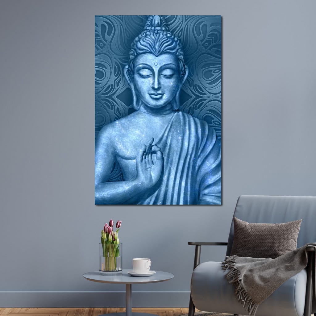 Tablou Canvas Premium LuxCanva® I112, Buddha de Safir, Meditatie, Iluminare, Zen, Pace Interioara, Spiritualitate, Armonie, Relaxare, Albastru, Urna