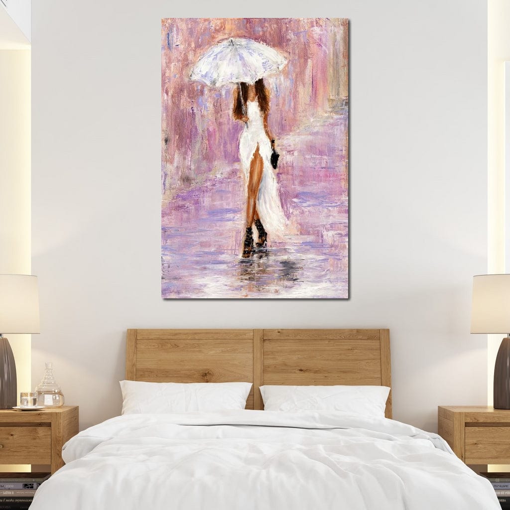 Tablou Canvas Premium LuxCanva® E1046, Femeia cu Umbrela Alba, Feminitate, Rafinament, Solitudine, Ploaie, Umbrela, Living Room, Culori vibrante