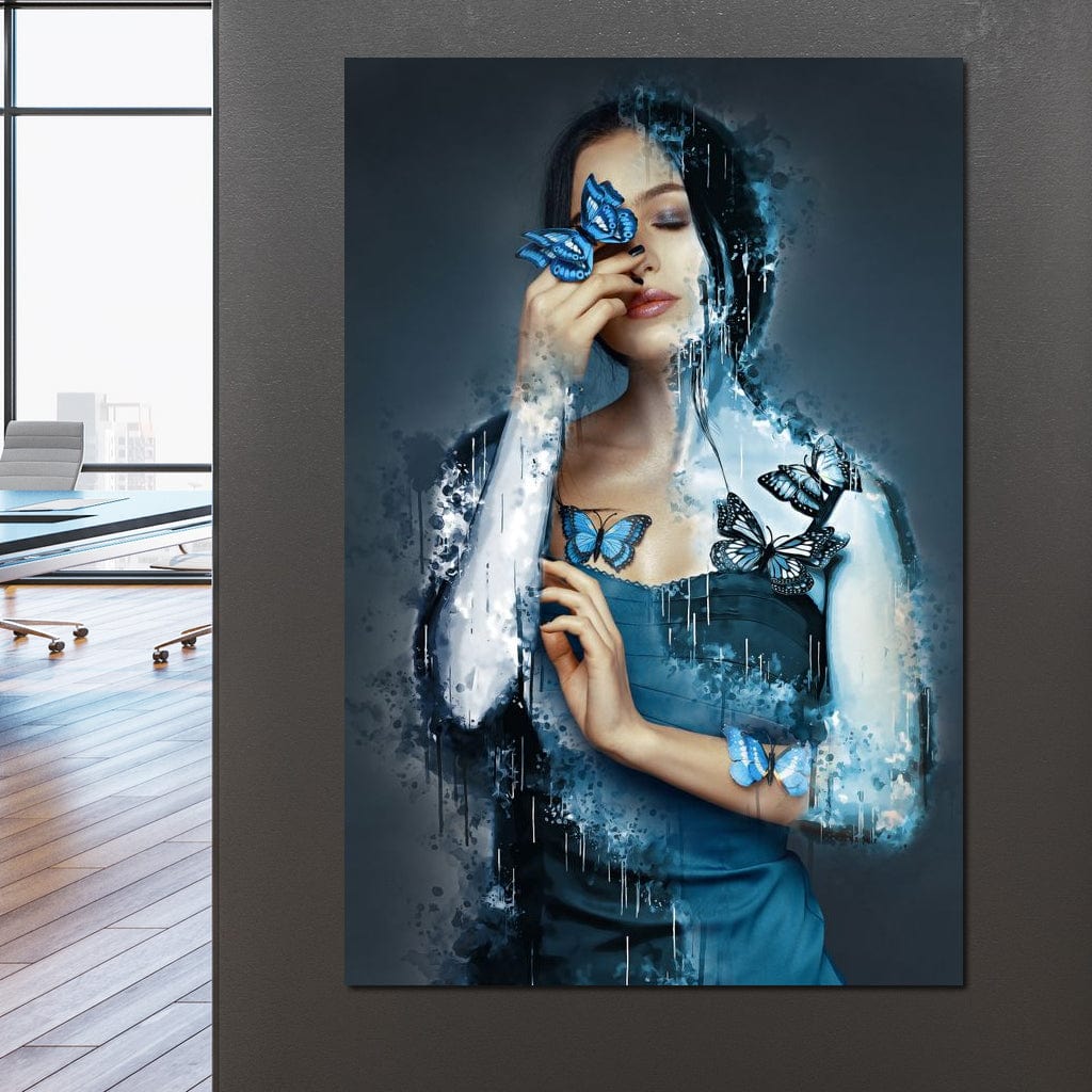 tablou canvas cu o femeie inconjurata de fluturi albastri, intr-o compozitie artistica in nuante reci