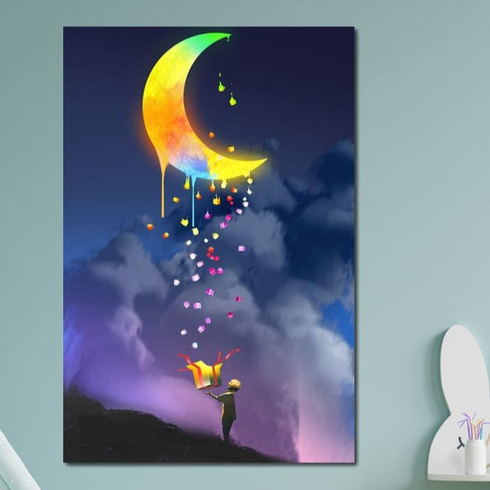 Tablou Canvas Premium, LuxCanva® K1001, Luna Care Daruieste, Curcubeu, Cer, Magie, Cutie, Copil, Ploaie, Stele, Noapte, Daruire, Stelar, Vis, Imaginatie, Camera Copii