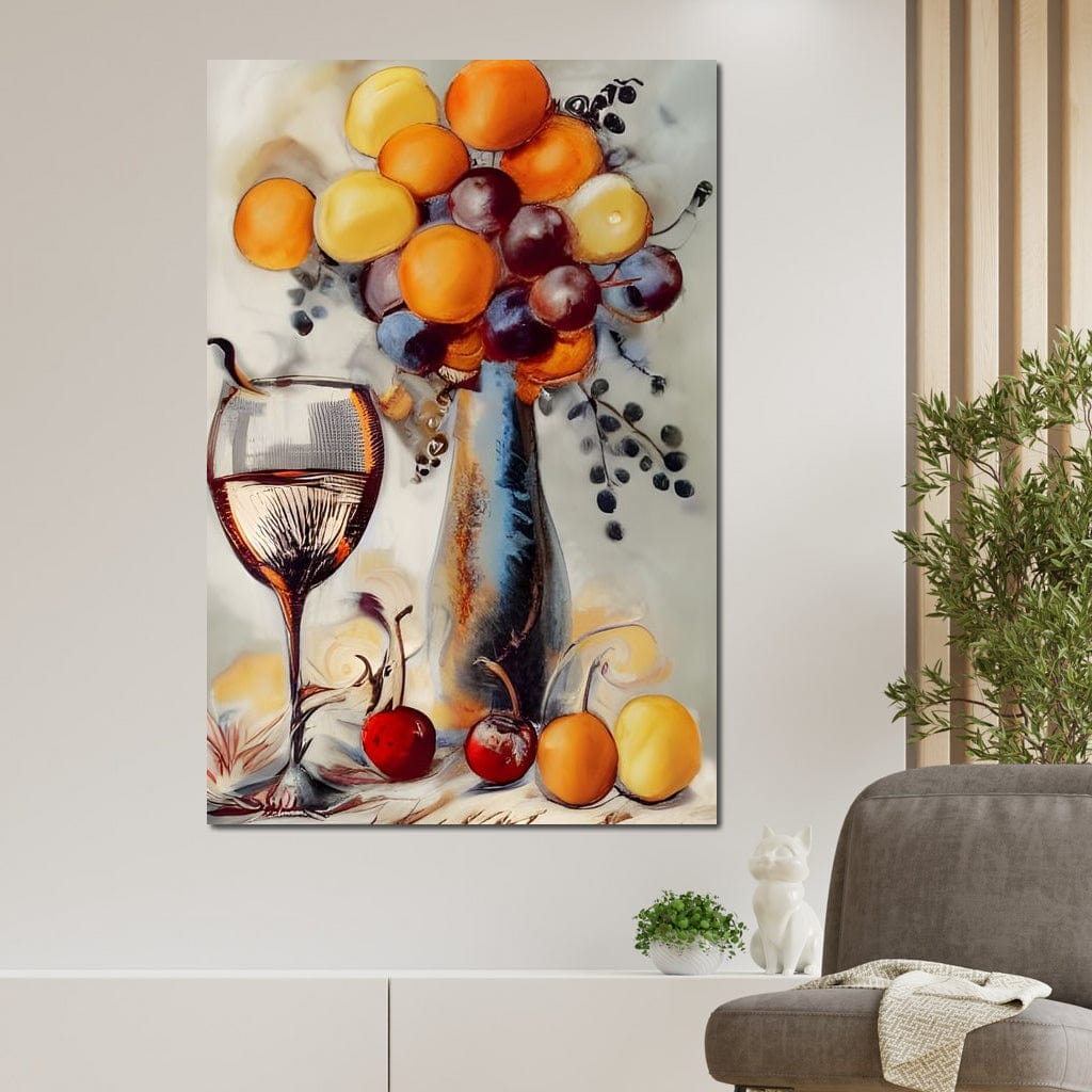 tablou canvas cu un pom fructifer si un pahar de vin, pictat in stil abstract pe fundal deschis