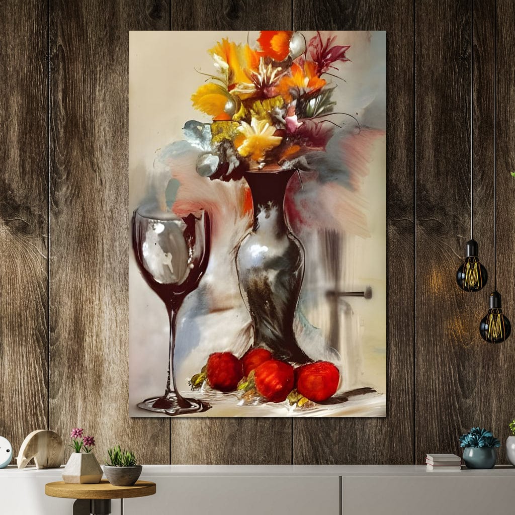 tablou canvas cu o vaza cu flori multicolore, pe o masa cu fructe rosii si un pahar de vin, pictate in stil rustic