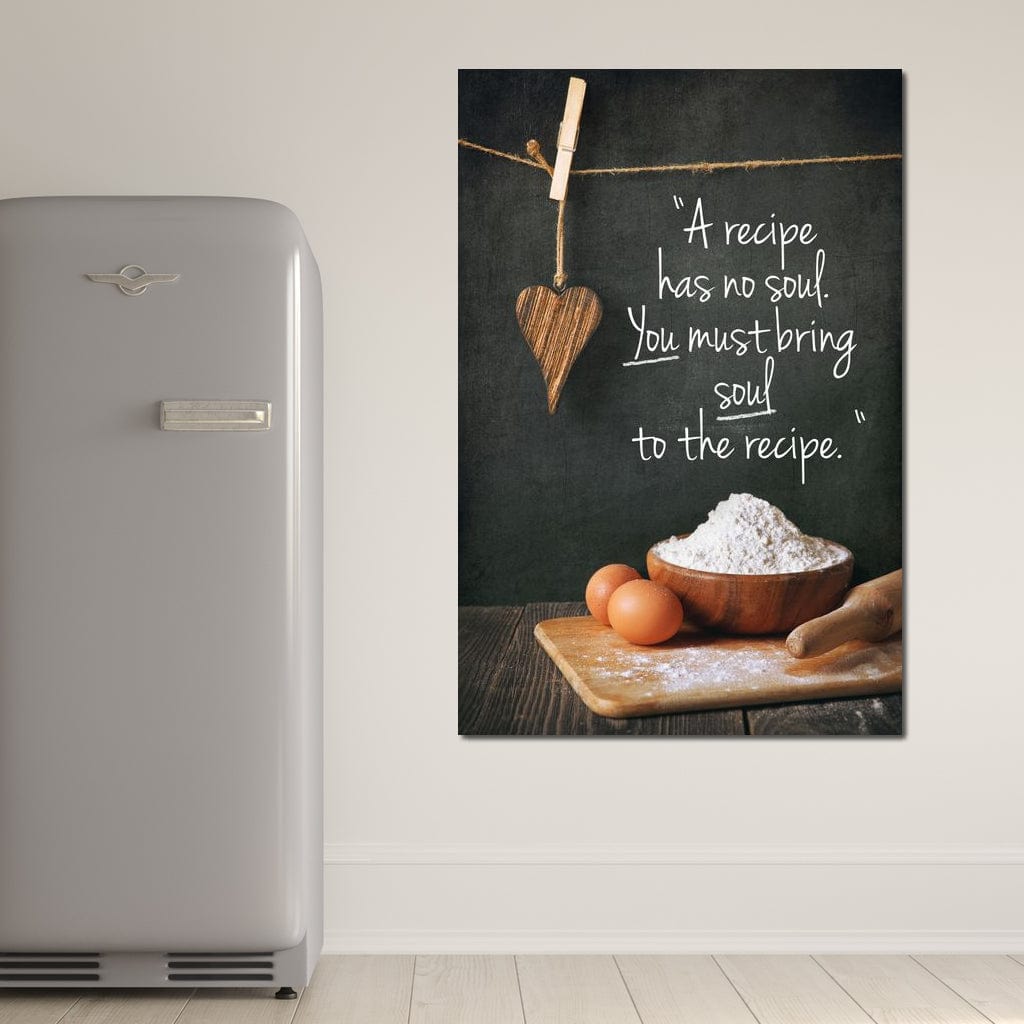 tablou canvas cu ustensile si ingrediente de bucatarie, alaturi de un mesaj text motivational