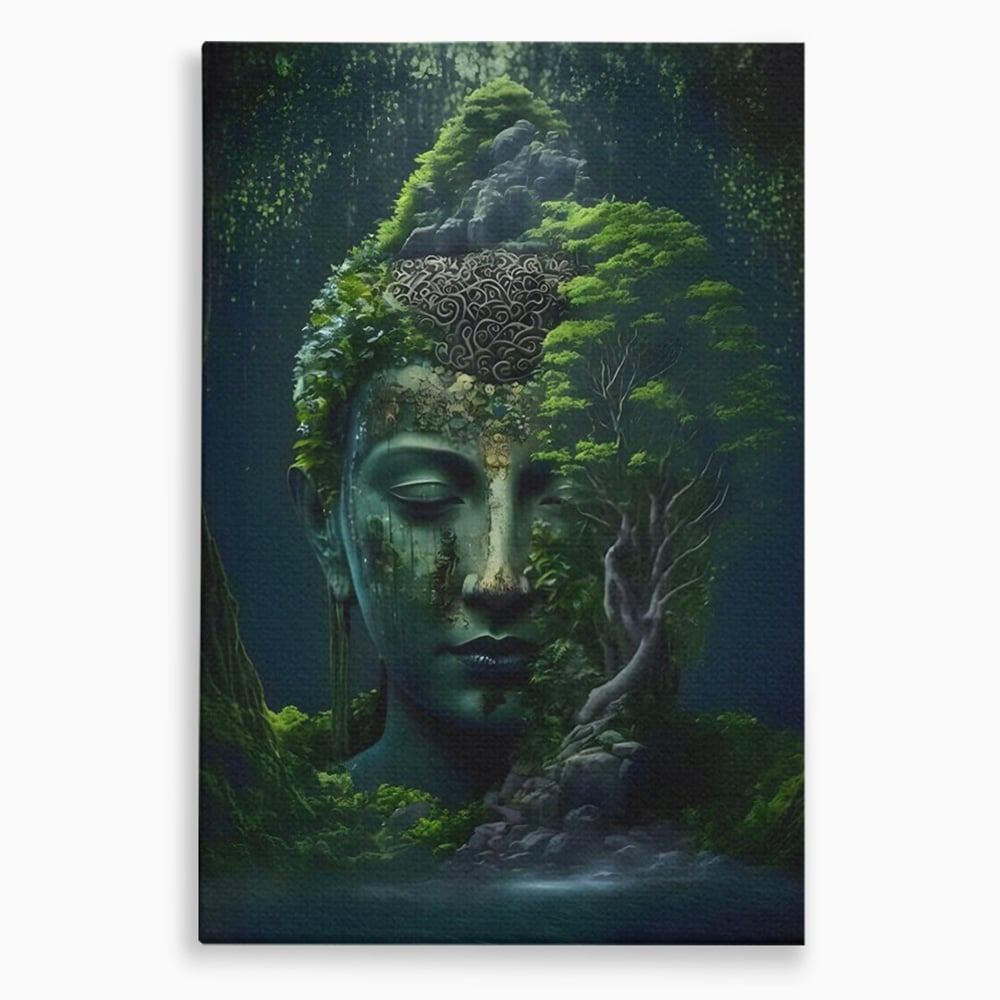 Leinwand Wandbilder Premium, LuxCanva® C1258, Wald bedeckt Buddha, entspannend, Wohnzimmer, lebendige Farben