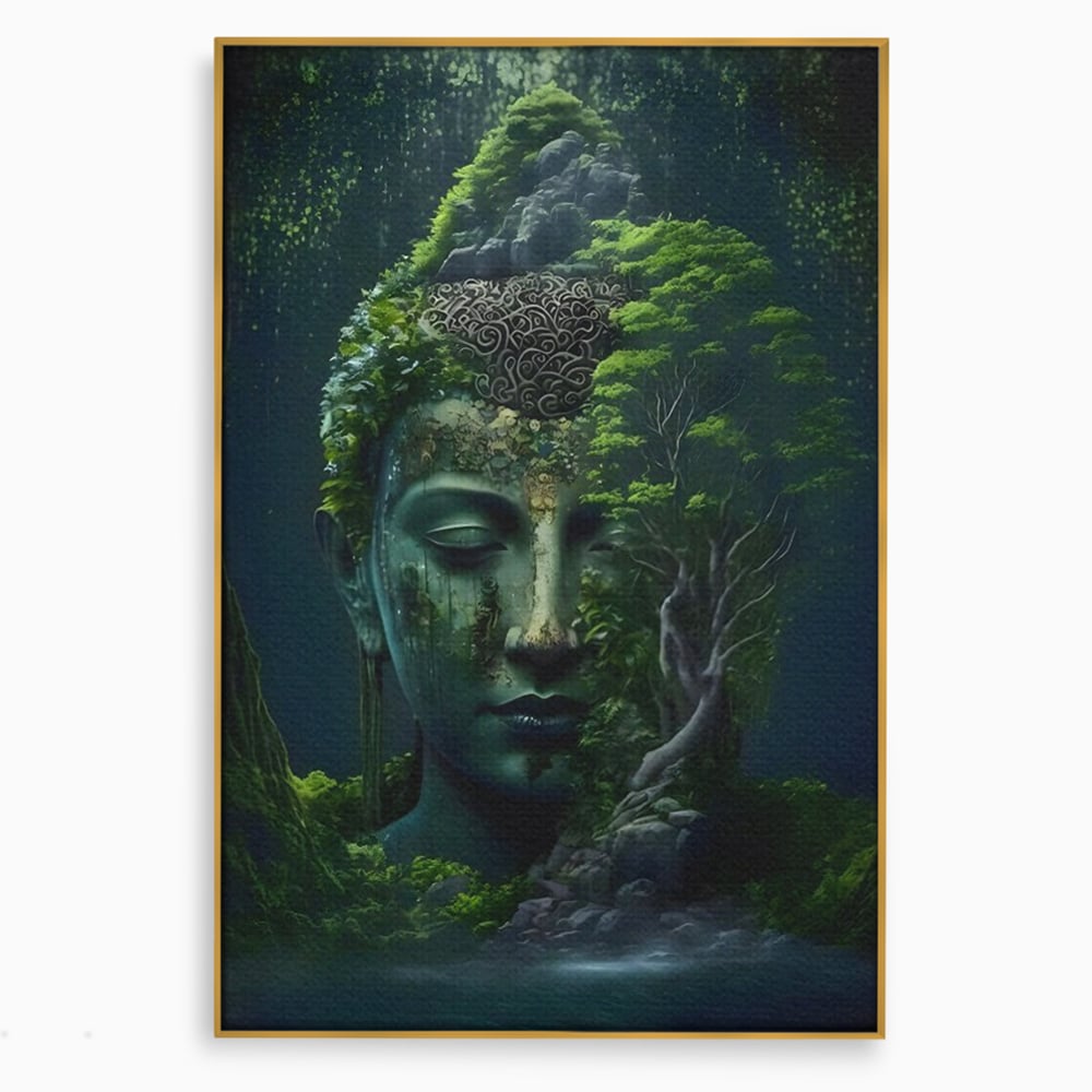 Leinwand Wandbilder Premium, LuxCanva® C1258, Wald bedeckt Buddha, entspannend, Wohnzimmer, lebendige Farben