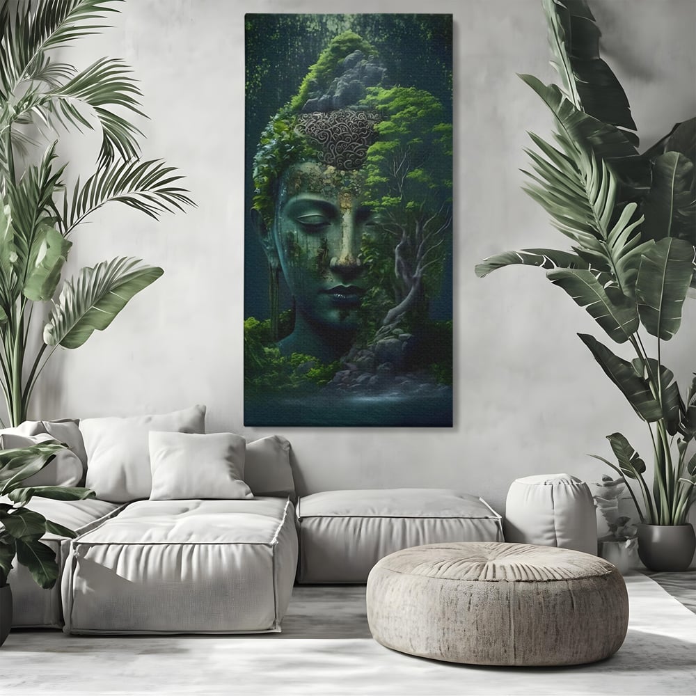 Leinwand Wandbilder Premium, LuxCanva® C1258, Wald bedeckt Buddha, entspannend, Wohnzimmer, lebendige Farben
