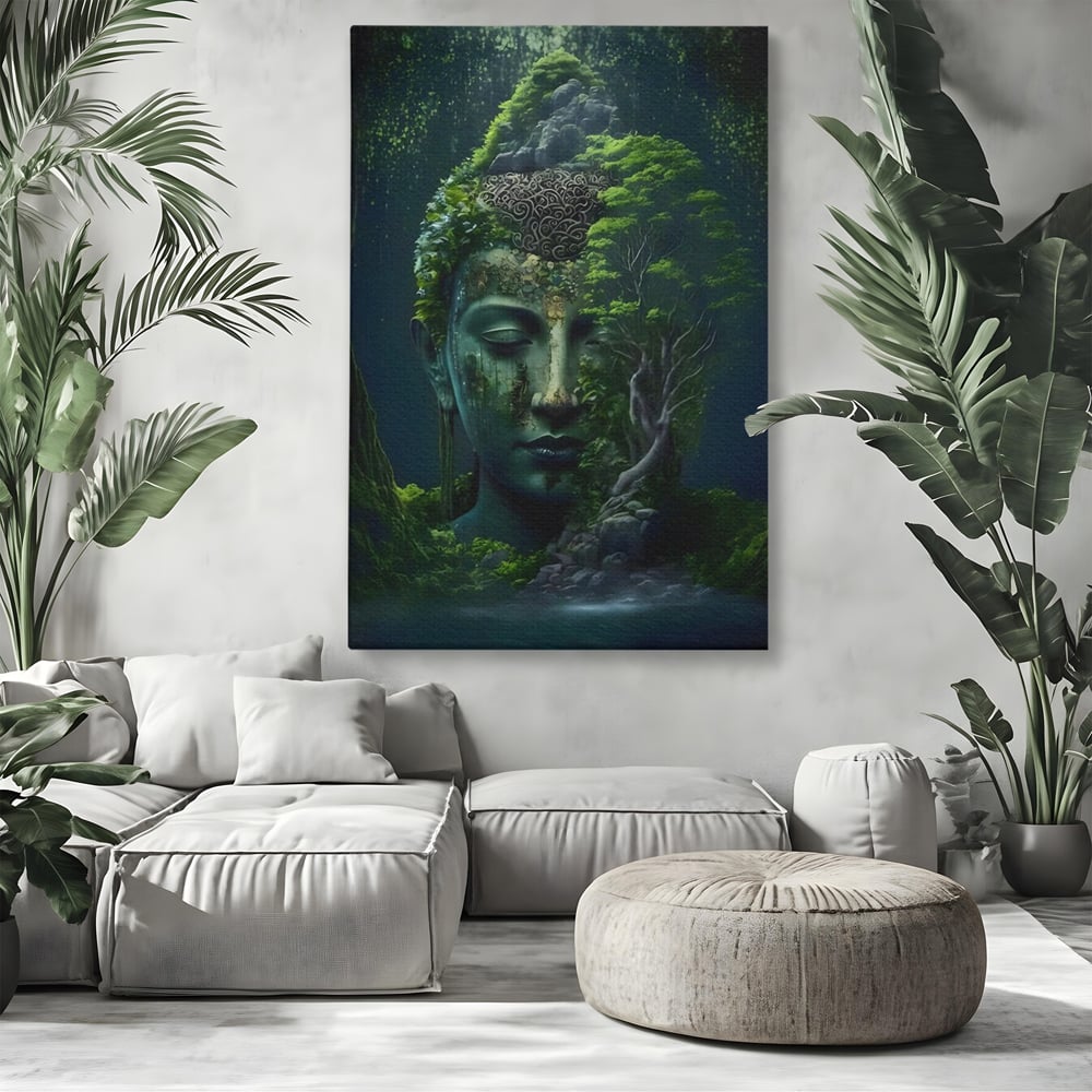 Leinwand Wandbilder Premium, LuxCanva® C1258, Wald bedeckt Buddha, entspannend, Wohnzimmer, lebendige Farben