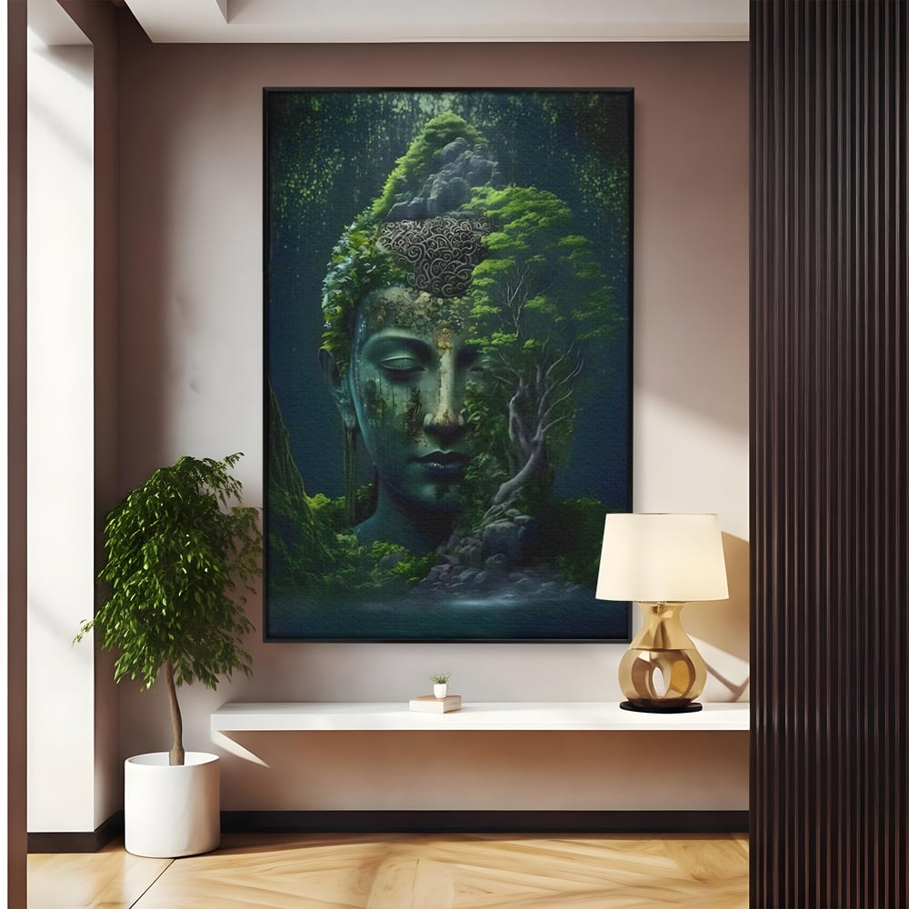 Leinwand Wandbilder Premium, LuxCanva® C1258, Wald bedeckt Buddha, entspannend, Wohnzimmer, lebendige Farben