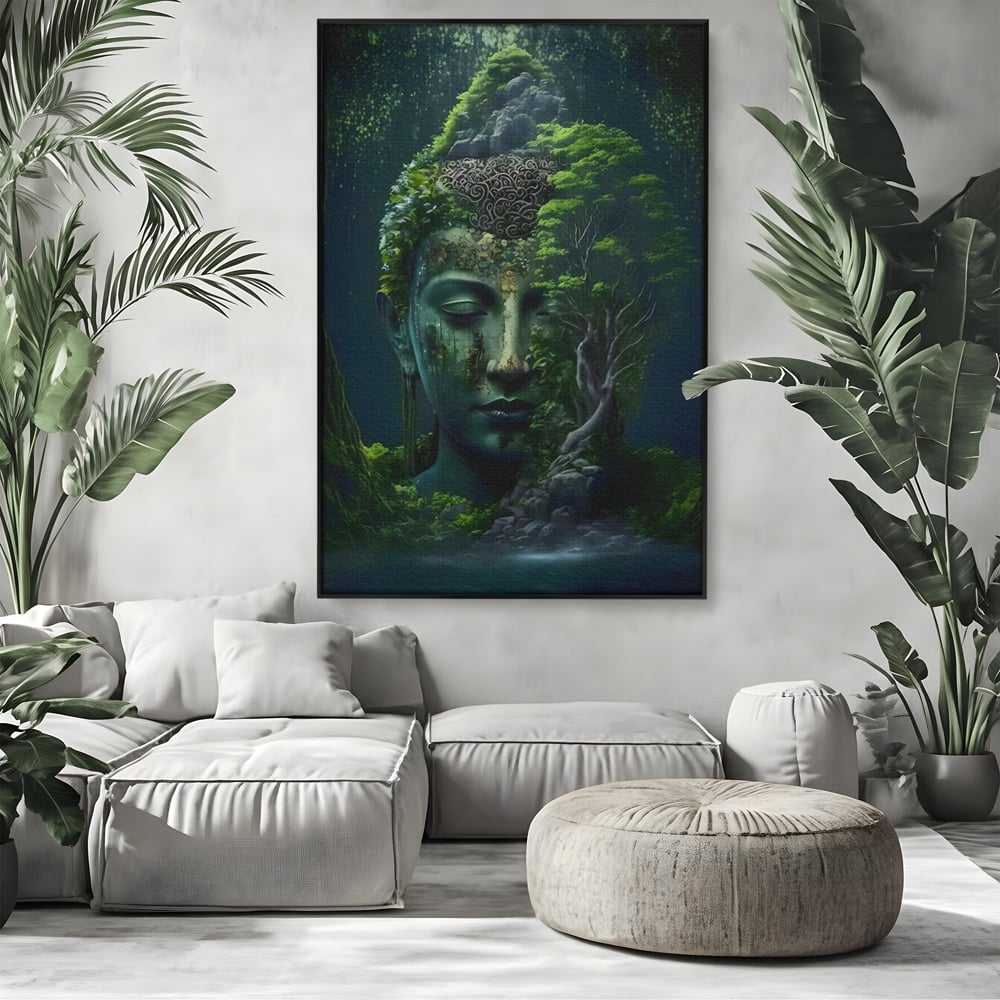 Leinwand Wandbilder Premium, LuxCanva® C1258, Wald bedeckt Buddha, entspannend, Wohnzimmer, lebendige Farben