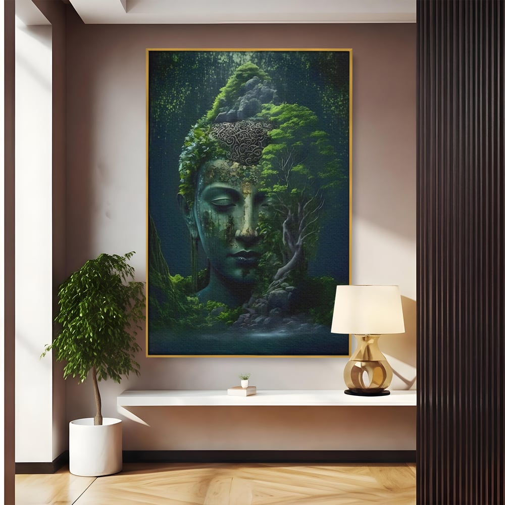 Leinwand Wandbilder Premium, LuxCanva® C1258, Wald bedeckt Buddha, entspannend, Wohnzimmer, lebendige Farben