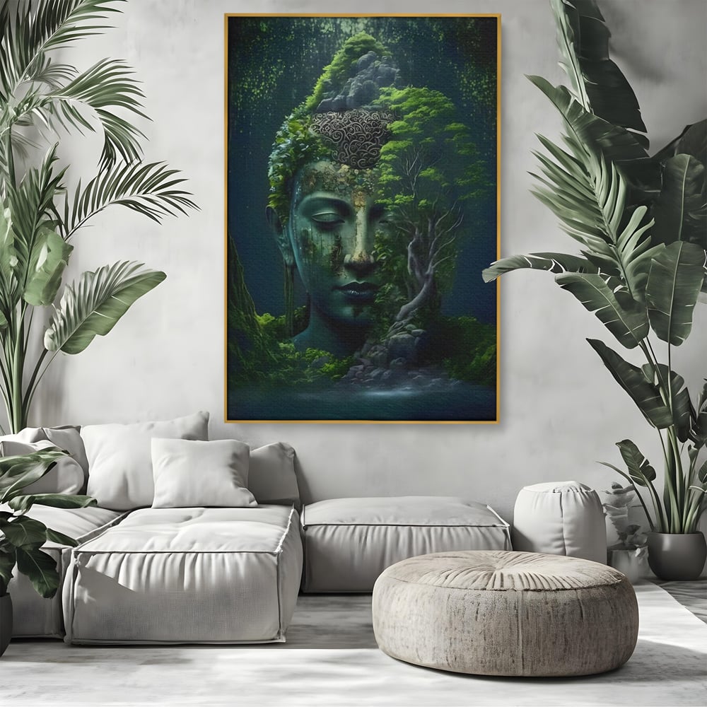Leinwand Wandbilder Premium, LuxCanva® C1258, Wald bedeckt Buddha, entspannend, Wohnzimmer, lebendige Farben