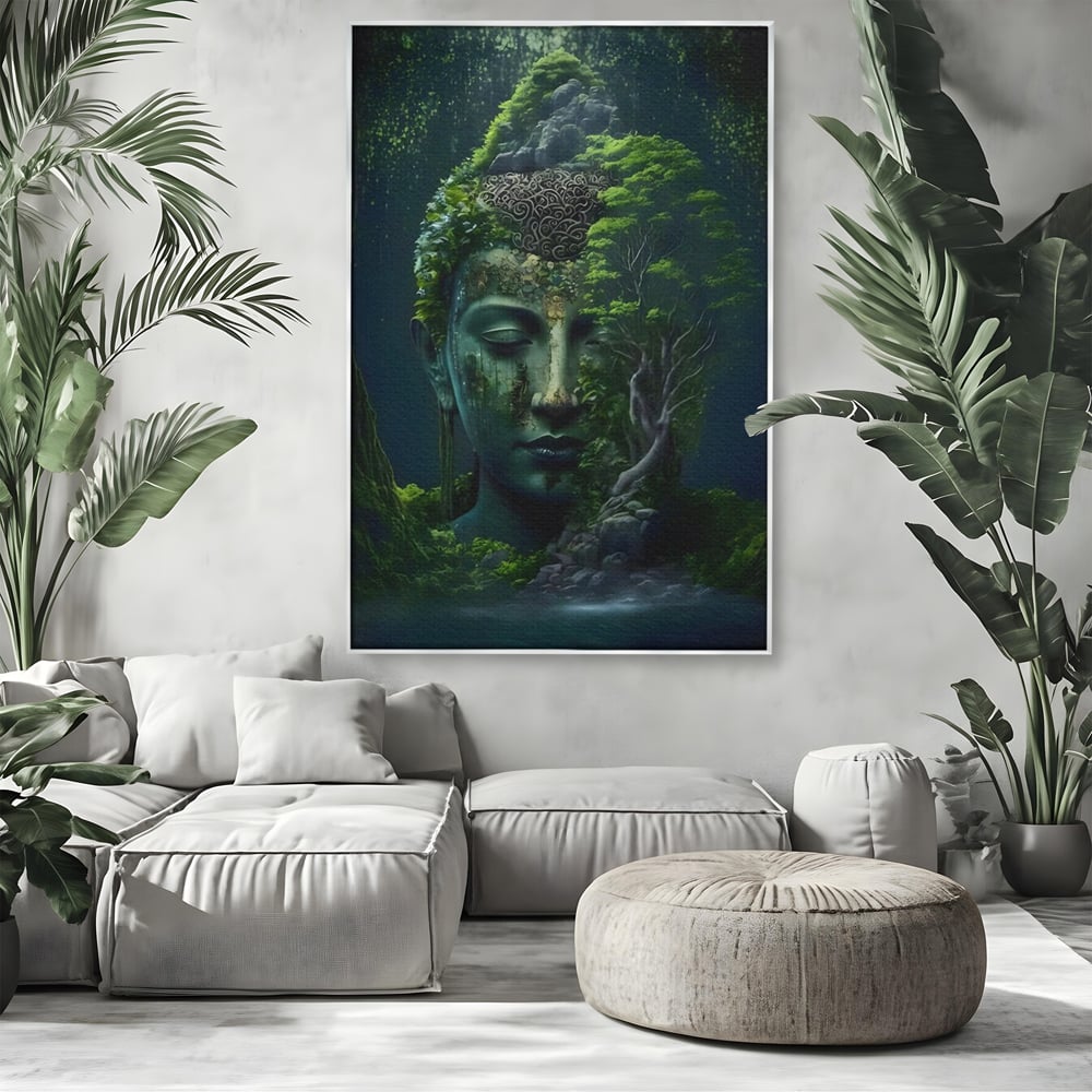 Leinwand Wandbilder Premium, LuxCanva® C1258, Wald bedeckt Buddha, entspannend, Wohnzimmer, lebendige Farben