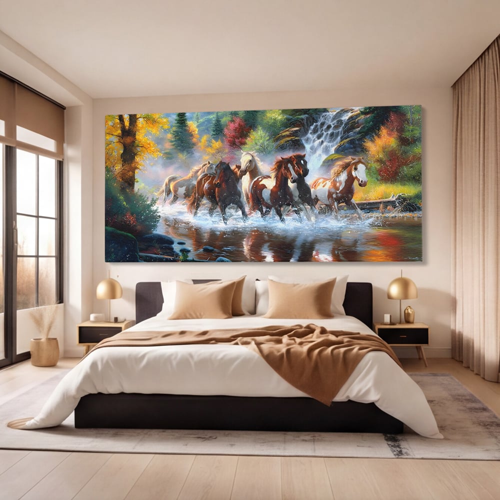 Tablou Canvas Premium, LuxCanva® C1259, Cai Galopand In Salbaticie, Relaxare, Living Room, Culori Vibrante