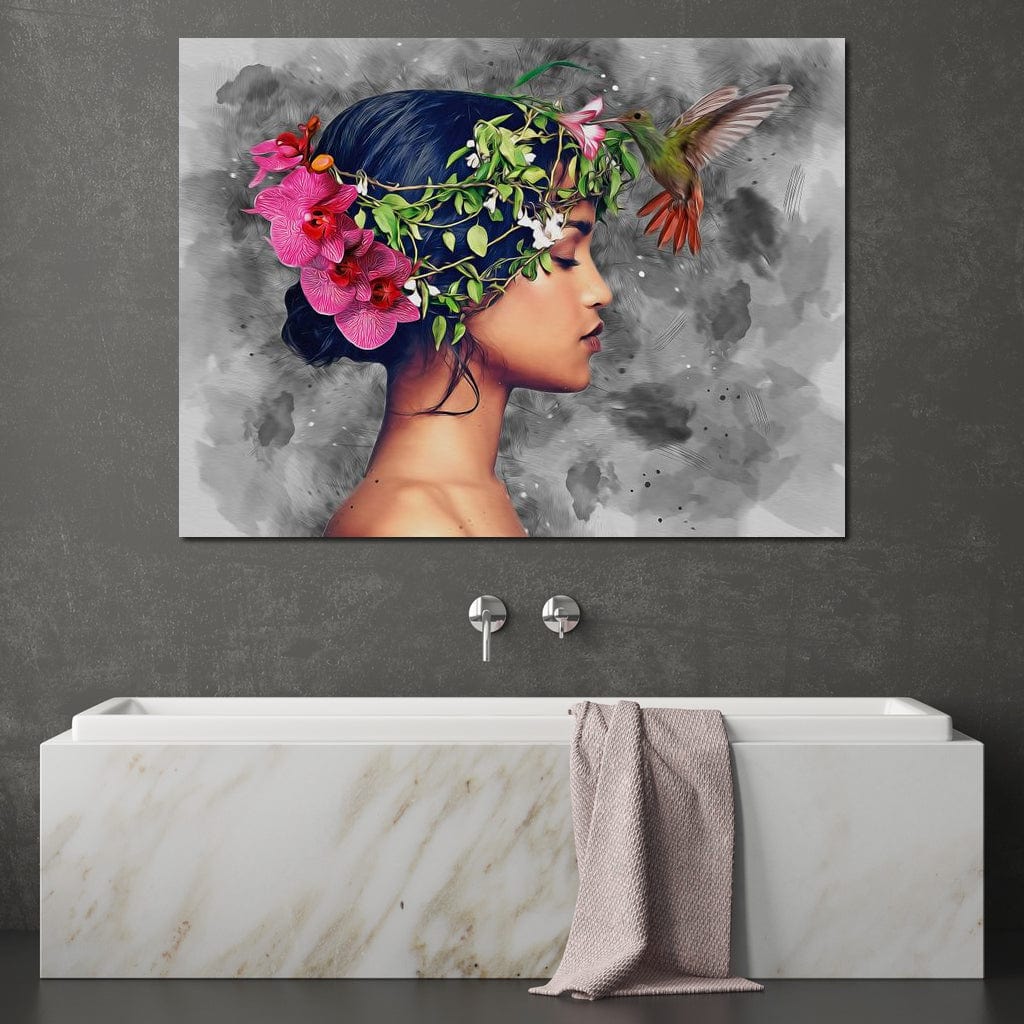 Tablou Canvas Premium, LuxCanva® G1107, Fata si Pasarea Colibri, Natura, Pasare, Flori, Aripi, Poetic, Frumusete, Feminitate, Zbor, Living, Dormitor