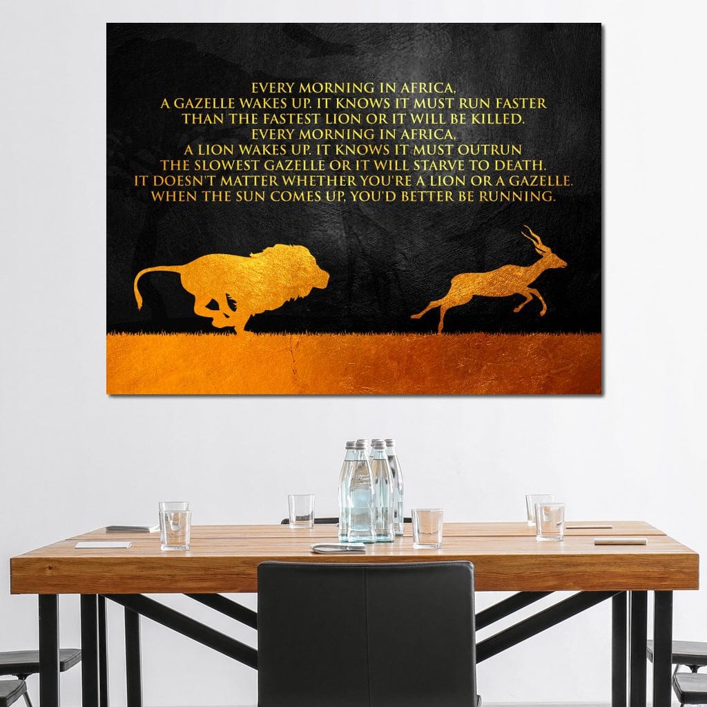 Tablou Canvas Premium LuxCanva® F1009, Instinctul Supravietuirii , Competitie, Viteza, Rezistenta, Lupta, Leu, Gazela, Living, Birou, Culori vibrante