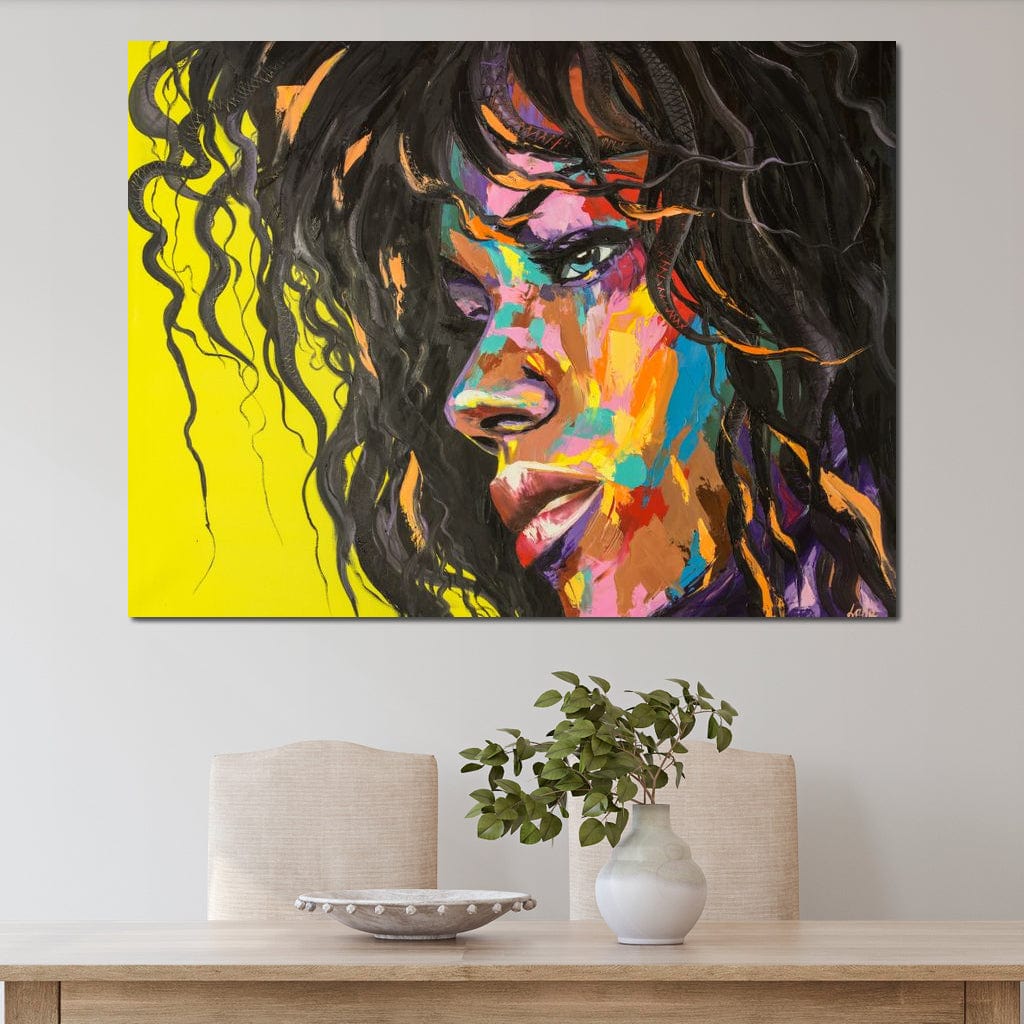 Tablou Canvas Premium, LuxCanva® GL1066, Portet in Lumini, Rebela, Par, Cret, Expresie, Magnetism, Cromatic, Hipnotic, Femeie, Arta, Living, Dormitor