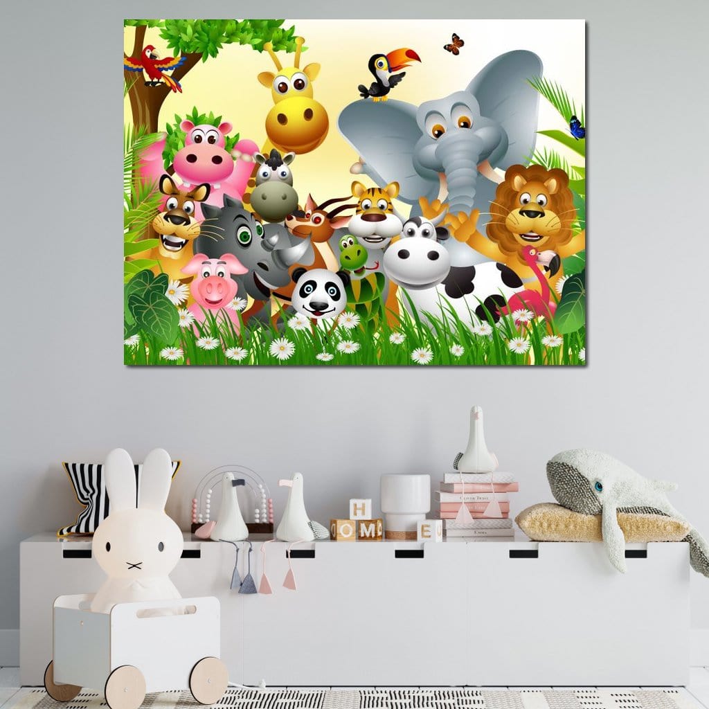 Tablou Canvas Premium, LuxCanva® K1022, Prietenii Veseli din Jungla, Animale, Desene Animate, Jungla, Colorat, Veselie, Gradinita, Educativ, Natura, Cresa, Girafa, Leu, Camera Copii