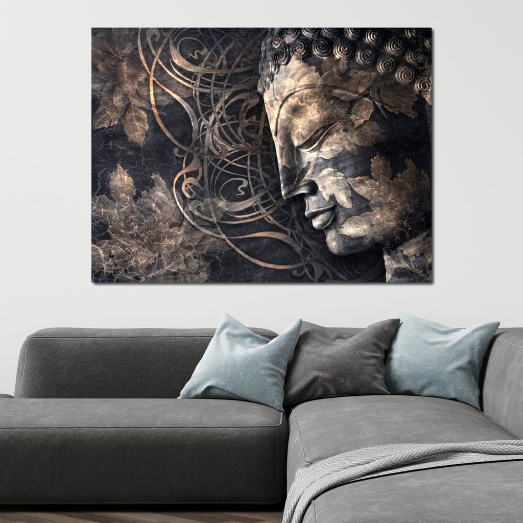 Tablou Canvas Premium LuxCanva® I117, Ganduri din Piatra, Buddha, Echilibru, Meditatie, Zen, Frunze, Ritual, Sacralitate, Fum, Esenta, Armonie, Timp