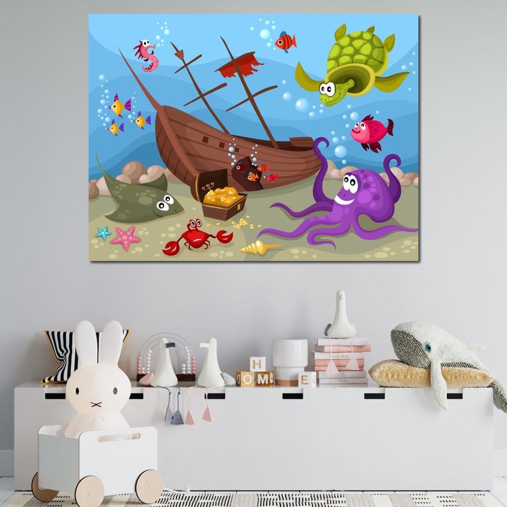 Tablou Canvas Premium, LuxCanva® K1023, Prietenii Marii, Comoara, Adancuri, Aventuri, Mare, Epava, Gradinita, Fermecata, Oceanic, Cresa, Corabie, Pesti, Crabi, Caracatita, Camera Copii