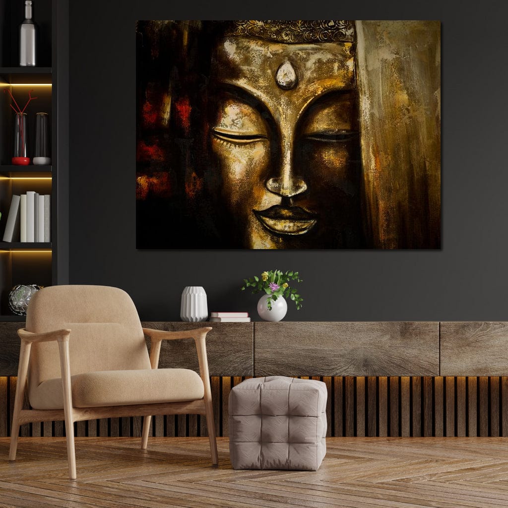 Tablou Canvas Premium LuxCanva® I111, Iluminare in Aur, Buddha, Meditatie, Zen, Armonie, Intelepciune, Liniste, Mantra, Urna, Spiritualitate, Relaxare