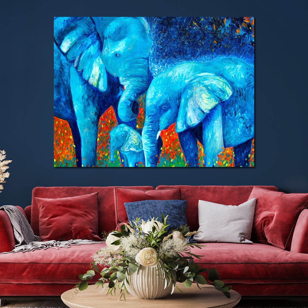 tablou canvas cu elefanti in nuante vibrante de albastru si fundal in tonuri aprinse de portocaliu si rosu