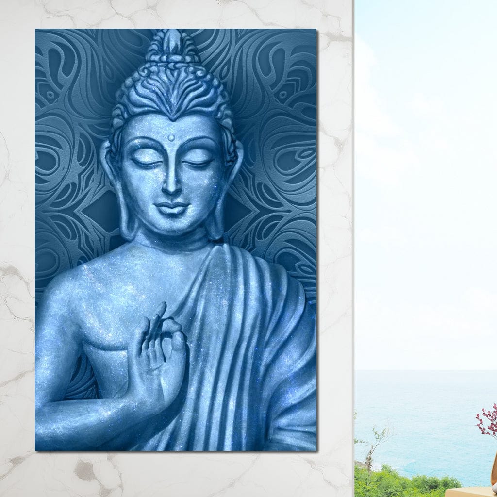 Tablou Canvas Premium LuxCanva® I112, Buddha de Safir, Meditatie, Iluminare, Zen, Pace Interioara, Spiritualitate, Armonie, Relaxare, Albastru, Urna