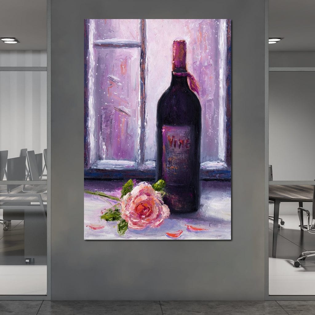 tablou canvas cu o sticla de vin rosu si un trandafir langa o fereastra, pictat intr-un cadru romantic