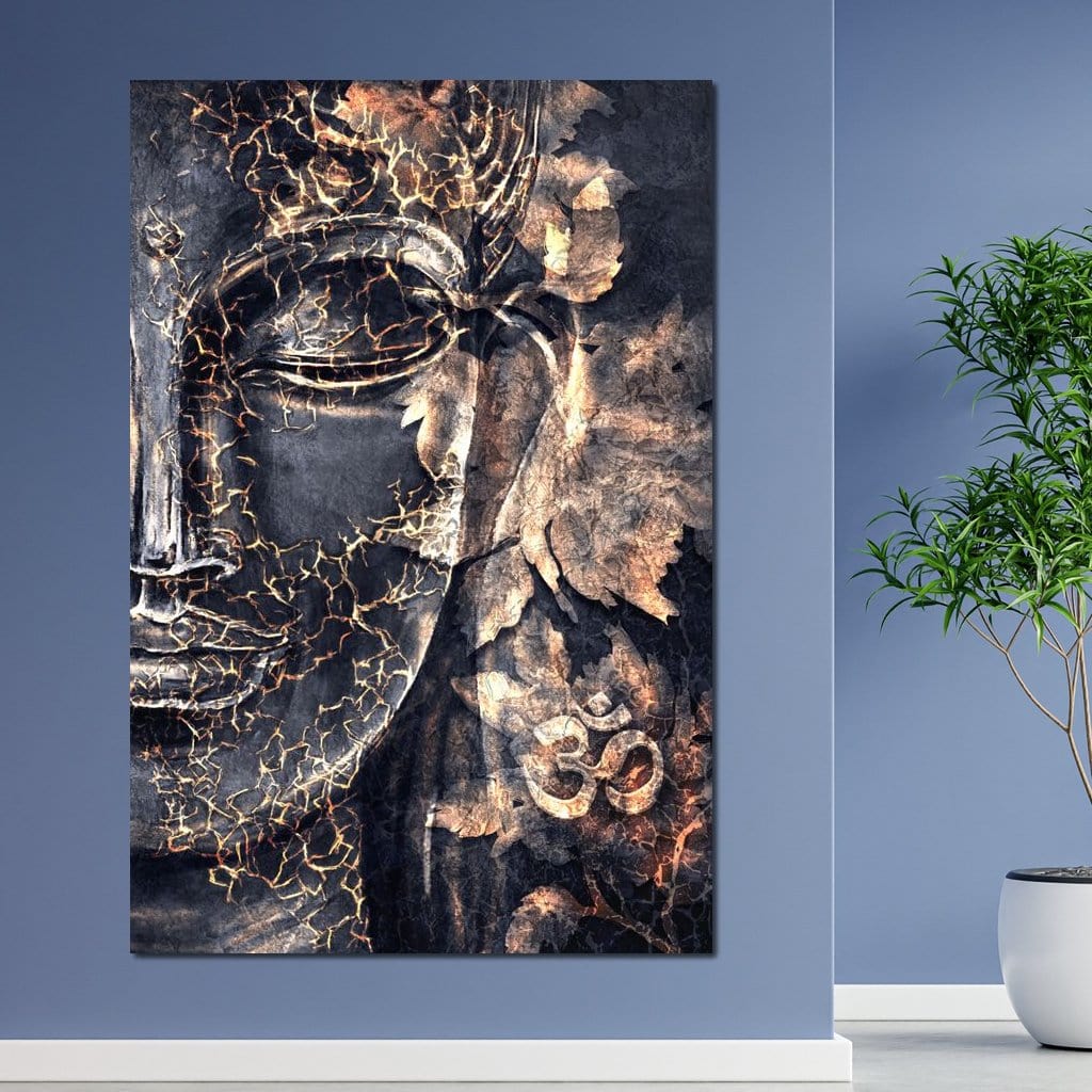 Tablou Canvas Premium LuxCanva® I118, Sub Pielea Timpului, Buddha, Vibratia OM, Constiinta, Spiritualitate, Crapaturi, Frunze, Foc Sacru, Contemplare