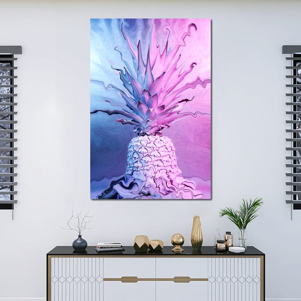 tablou canvas cu un ananas pictat in stil psihedelic, in nuante vibrante de roz si albastru neon