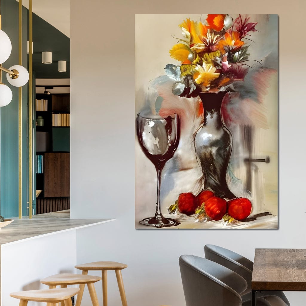 tablou canvas cu o vaza cu flori multicolore, pe o masa cu fructe rosii si un pahar de vin, pictate in stil rustic