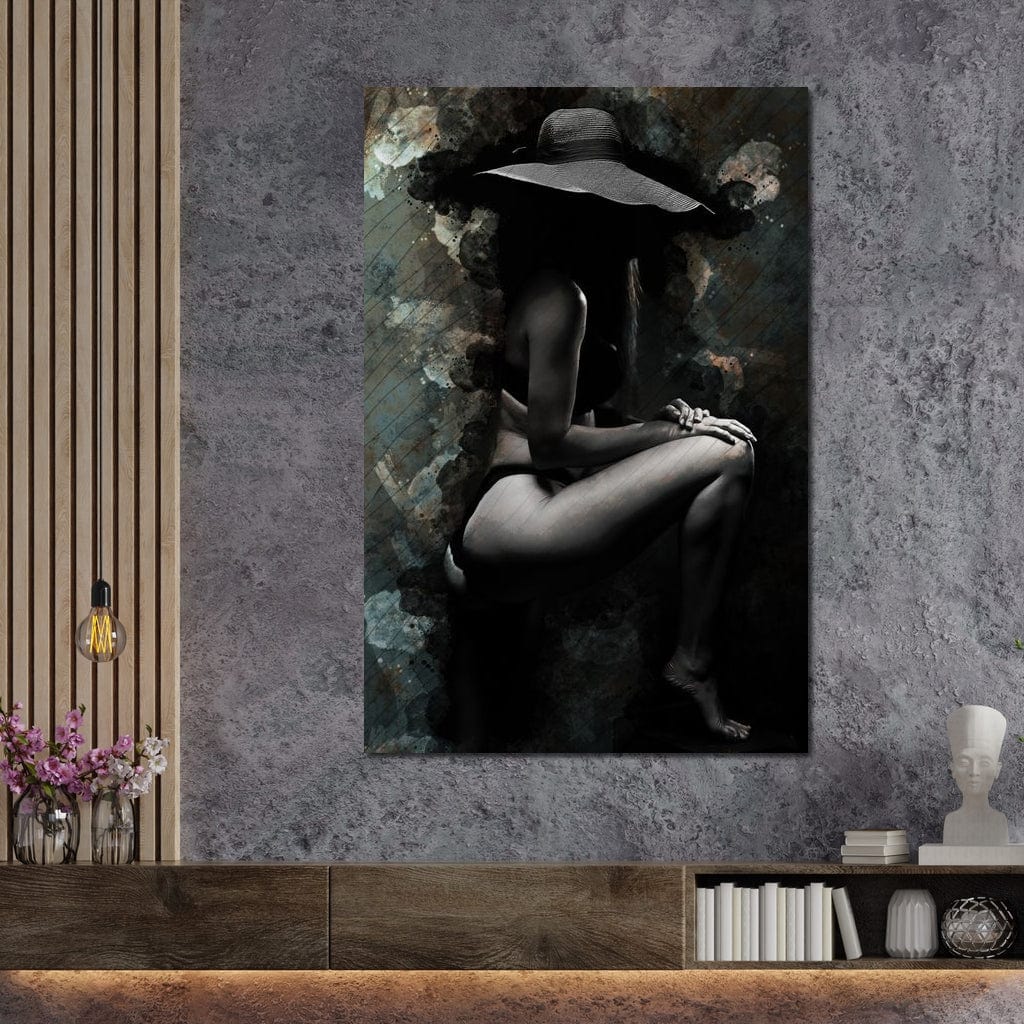 Tablou Canvas Premium LuxCanva® G1017, Sub Palaria Misterului , Palarie, Silueta, Umbra, Dorinta, Senzualitate, Feminitate, Eleganta, Living, Dormitor, Culori vibrante