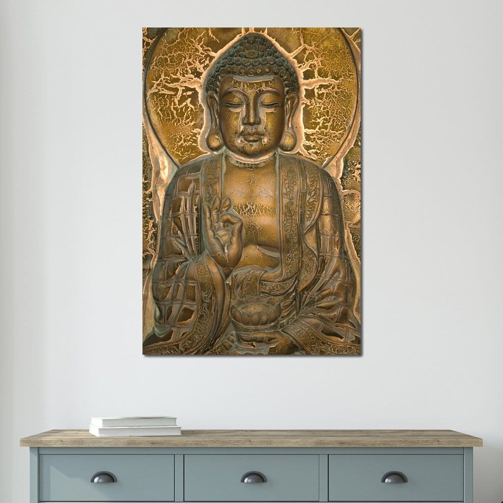 Tablou Canvas Premium LuxCanva® I104, Aur si Intelepciune, Buddha, Aur, Zen, Meditatie, Pace, Liniste, Echilibru, Energie, Spiritualitate, Lotus, Living, Dormitor