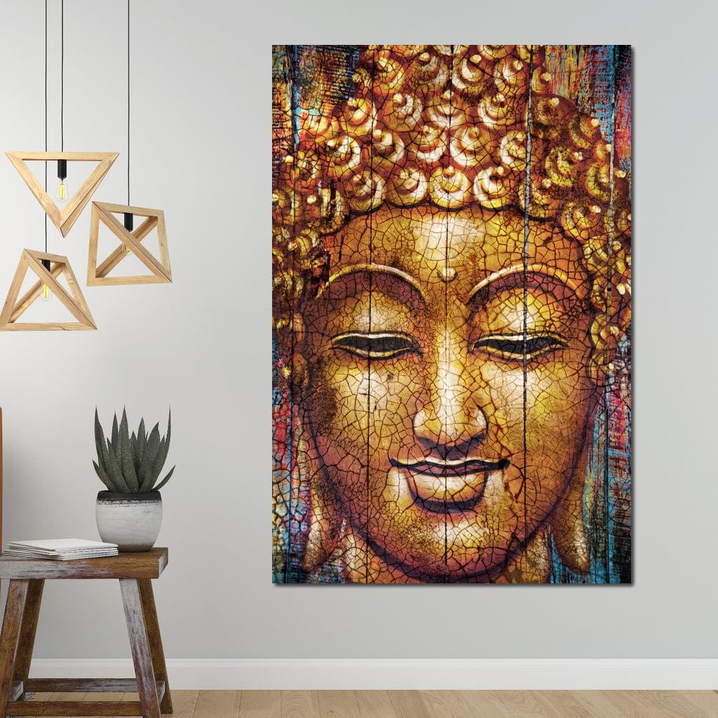 Tablou Canvas Premium LuxCanva® I107, Zambetul Tacerii, Buddha, Zambet, Liniste, Aur, Spiritualitate, Armonie, Energie Interioara, Meditatie, Seninatate, Living, Dormitor
