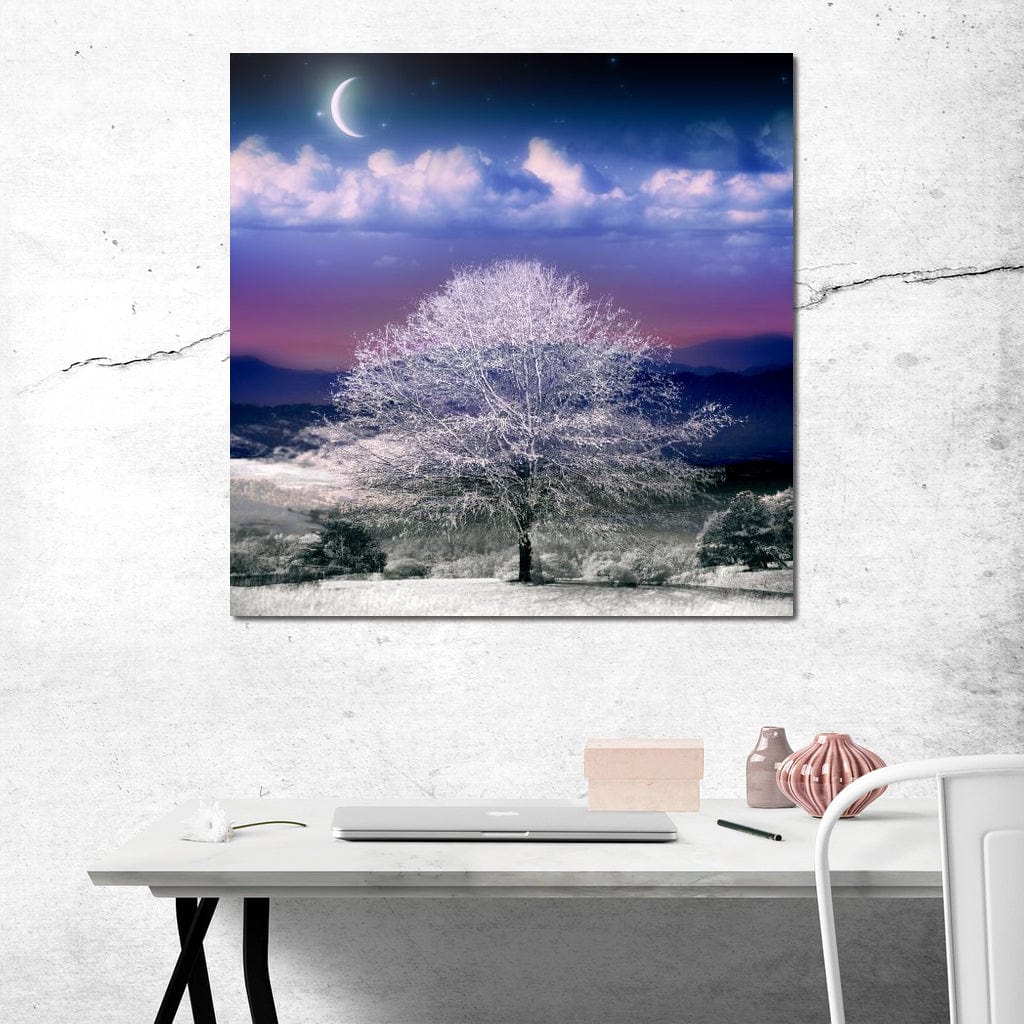 Tablou Canvas Premium LuxCanva® D1029, Scena de Iarna Fantasmica , Semiluna, Nori, Copac, Ramuri, Inghet, Living Room, Culori vibrante