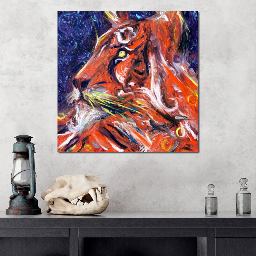 tablou canvas cu un leu pictat in nuante calde de portocaliu si rosu, pe fundal in nuante reci