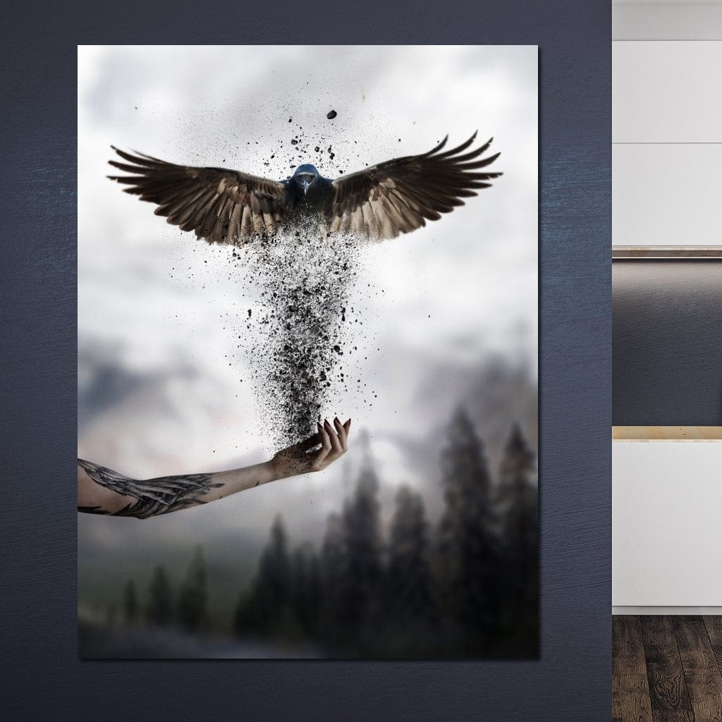 tablou canvas cu o pasare care renaste din cenusa in palma unei maini tatuate, pe fundal cu ceata si copaci