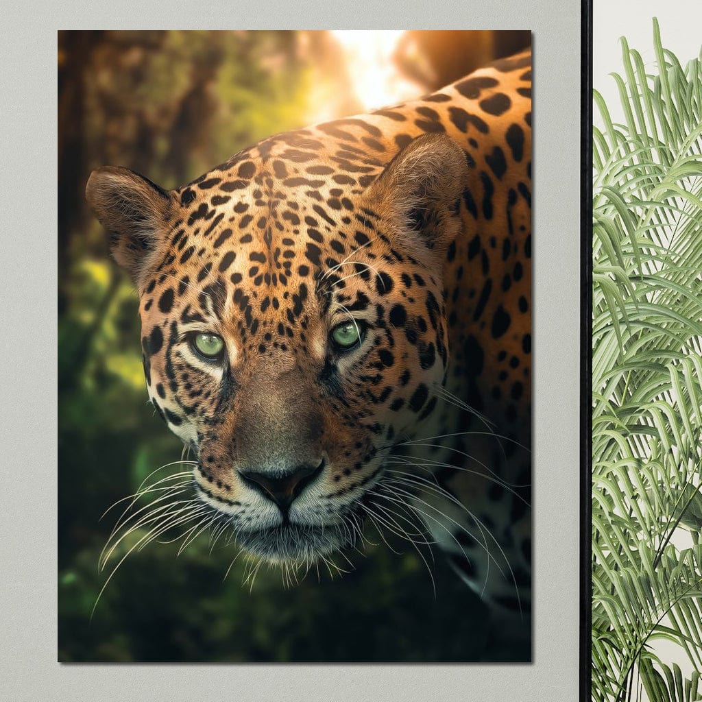 tablou canvas cu un portret realist de leopard in umbra, pe fundal luminos cu vegetatie de jungla