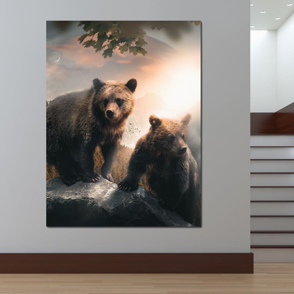 tablou canvas cu doi ursi pe o stanca, sub crengi de copac la apus