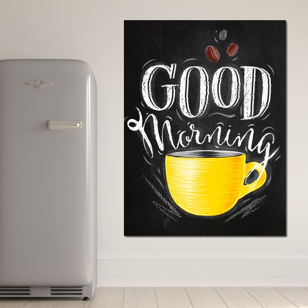 tablou canvas cu o ceasca de cafea galbena, un mesaj text alb pe fundal negru