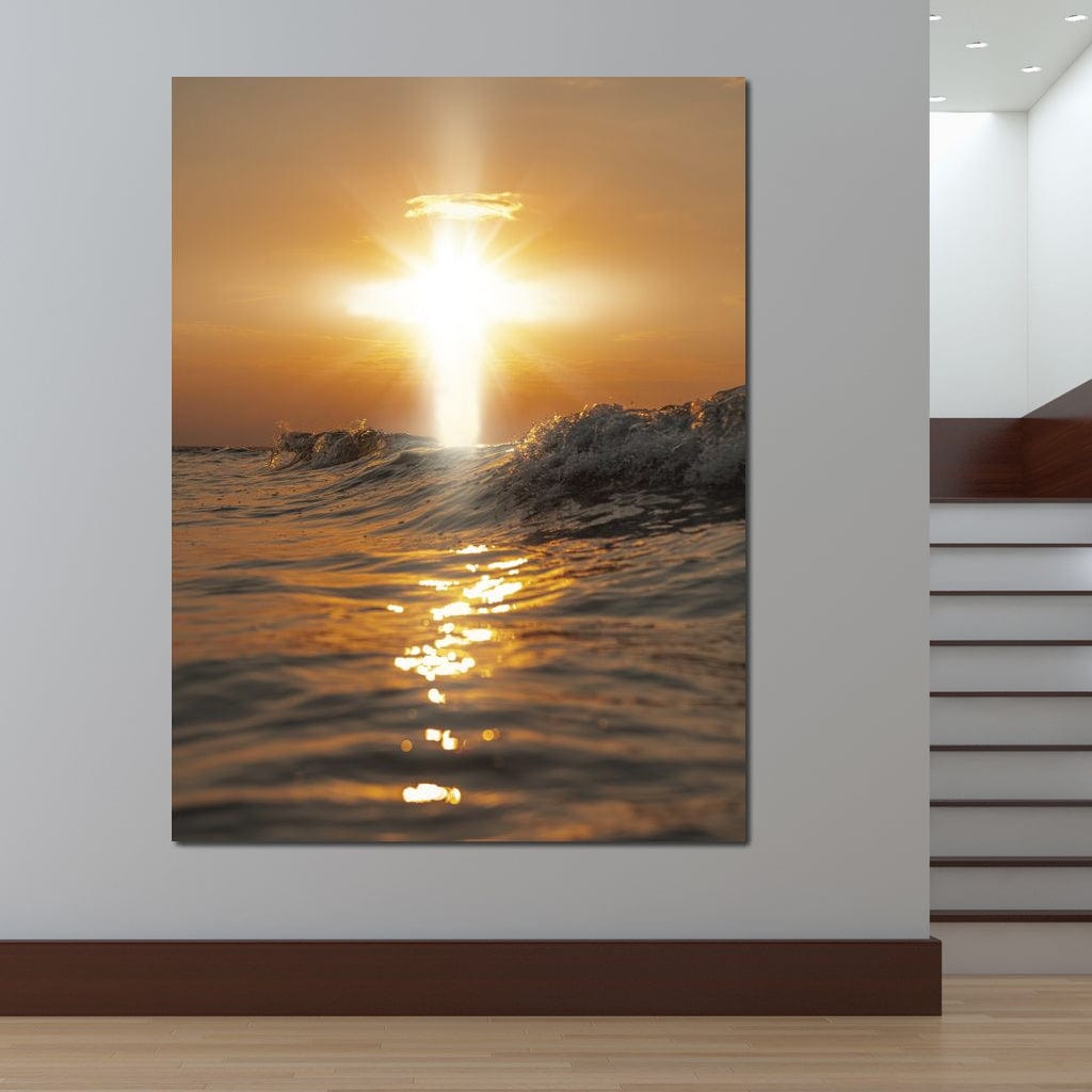 Tablou Canvas Premium LuxCanva® H1019 Lumina Sfanta pe Ape , Apus, Cruce, Spritual, Valuri, Pace, Suflet, Ocean, Credinta, Speranta, Living, Dormitor