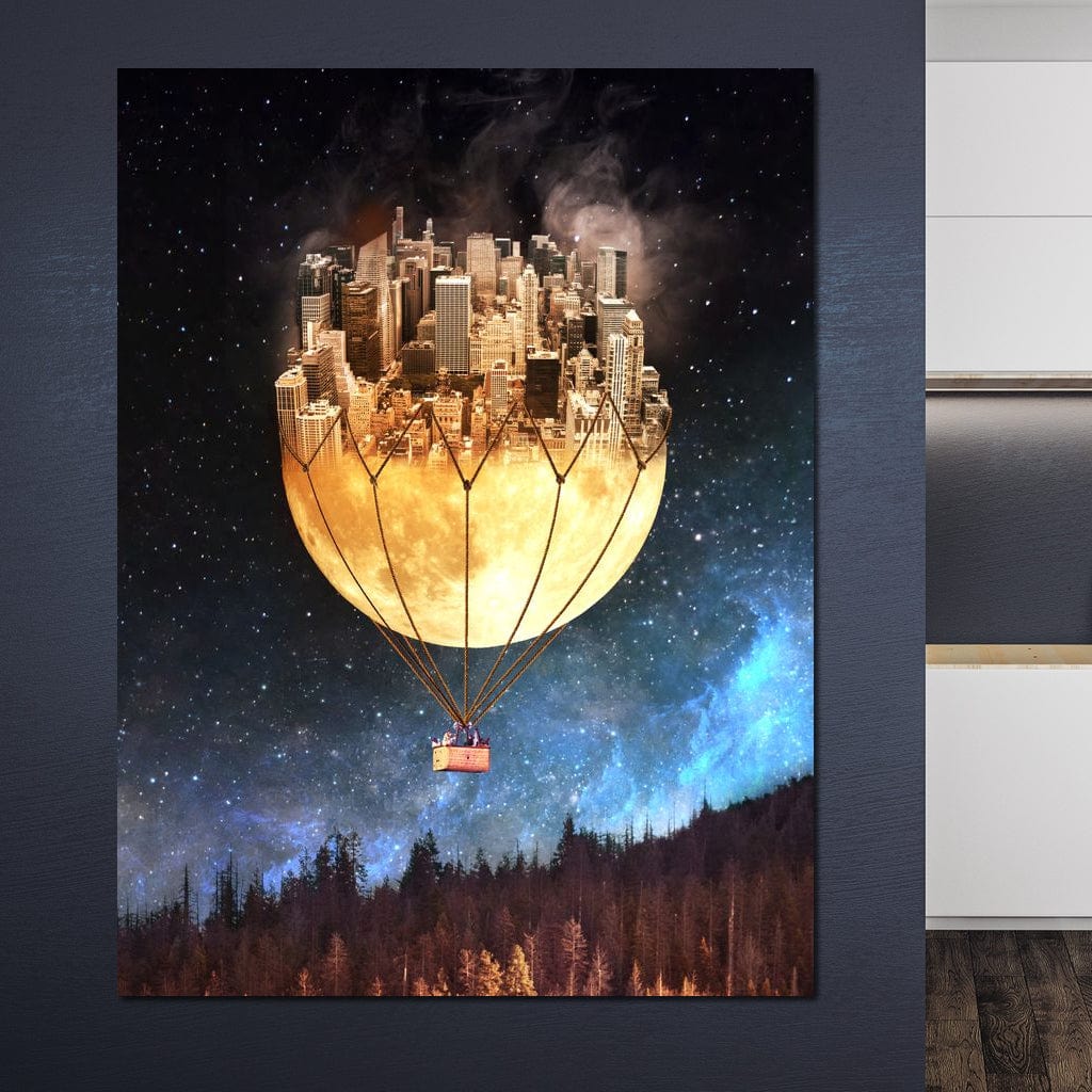 Tablou Canvas Premium, LuxCanva® O1016, Orasul care Zboara, Luna, Balon, Cosmic, Visare, Fantastic, Stele, Cer, Plutire, Suspendat, Univers, Oniric, Imaginar, Calatorie, Case, Birou, Living, Dormitor