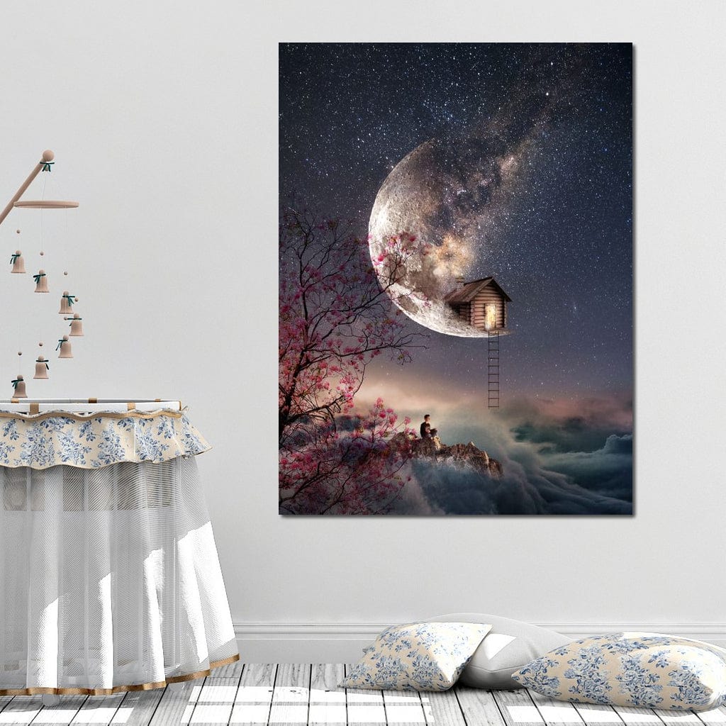 Tablou Canvas Premium, LuxCanva® K1016, Casa de pe Luna, Astru, Noapte, Instelata, Scari, Cer, Stele, Vise, Nocturn, Peisaj, Poveste, Cosmos, Magie, Taram, Senin, Camera Copii