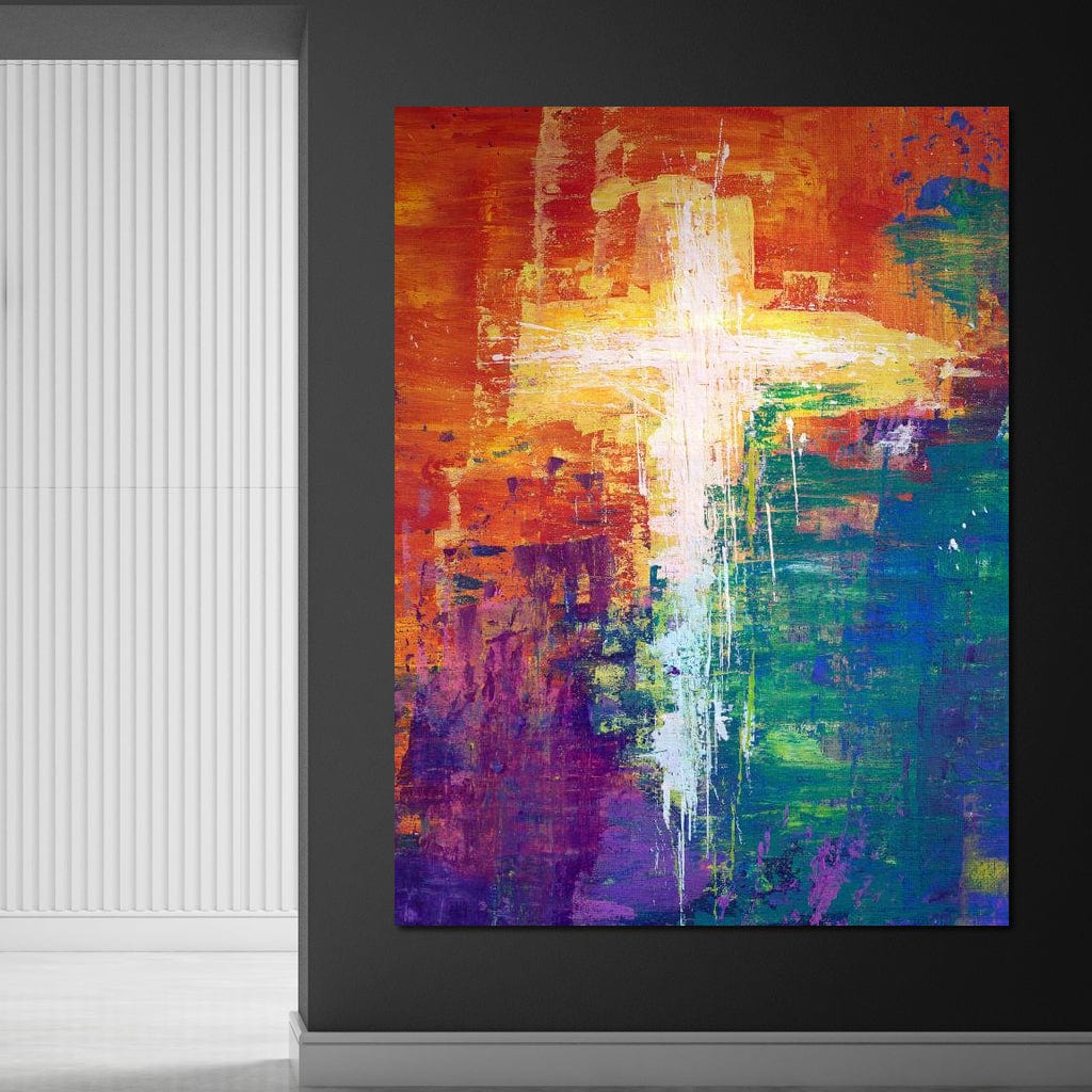 Tablou Canvas Premium LuxCanva® H1014, Lumina Divina in Culori , Lumina, Culori, Credinta, Cruce, Divinitate, Emotie, Simbol, Inspiratie, Living