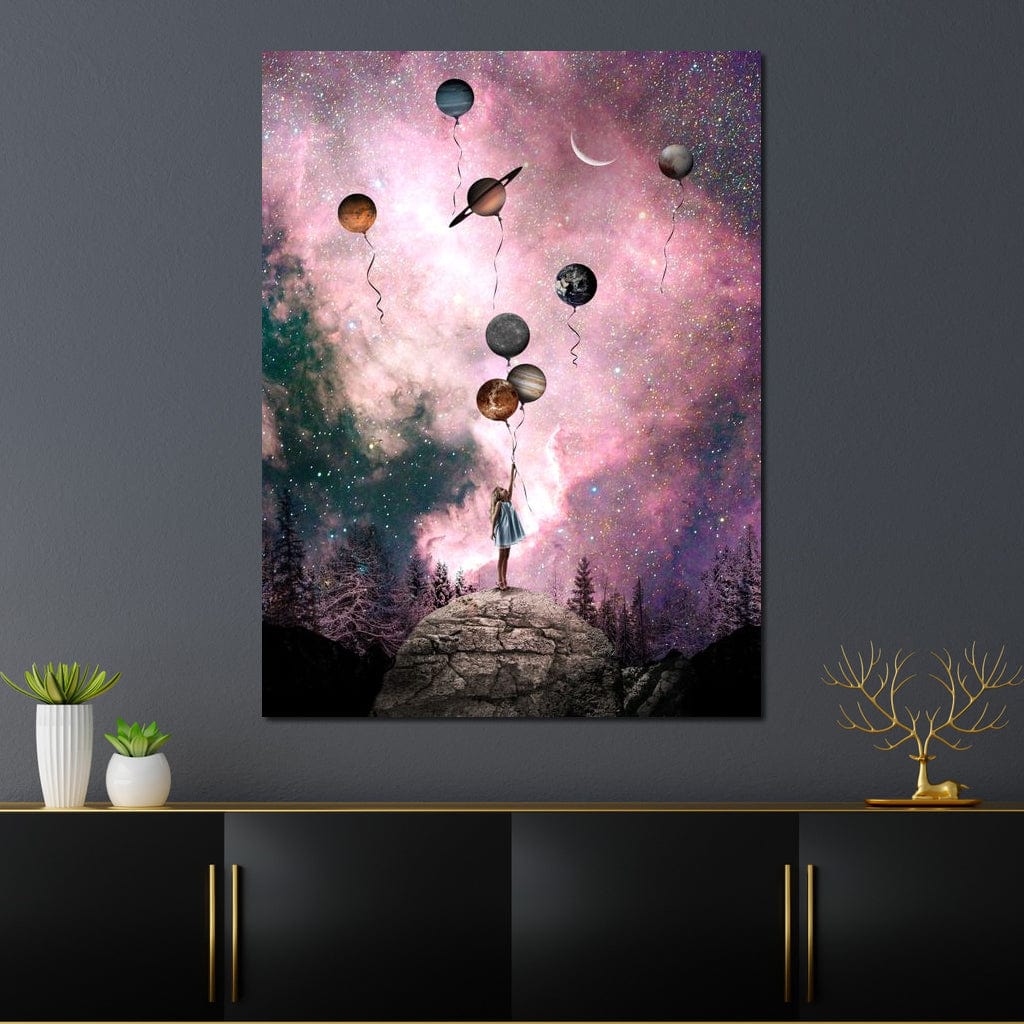 Tablou Canvas Premium, LuxCanva® K1017, Fetita si Planetele,  Univers, Maini, Intinse, Planete, Cosmic, Stele, Ganduri, Dorinte, Emotie, Curaj, Sistem, Solar, Galaxii, Pastel, Camera Copii