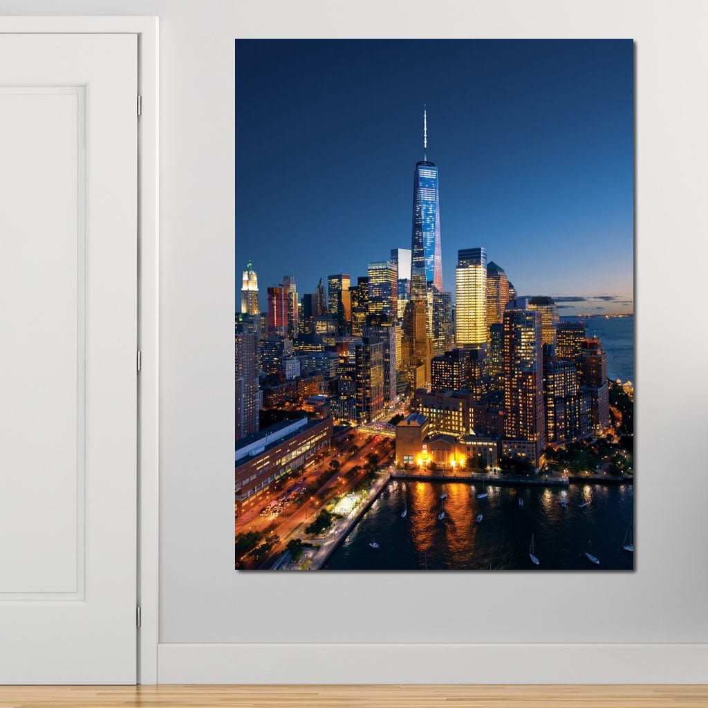 Tablou Canvas Premium, LuxCanva® O1058, Fantasticul Manhattan, Metropola, Lumini, Noapte, Sticla, Modernism, Vibratie, Skyline, Orizont, Apus, Stele, Cer, Infinit, Otel, Apa, Birou, Living, Dormitor