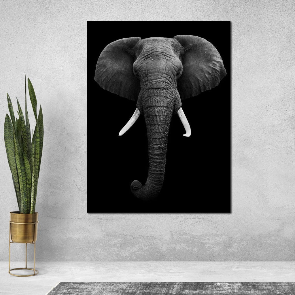 Tablou Canvas Premium, LuxCanva® M1310, Axa Puterii, Alb si Negru, Portret, Impunator, Realist, Elefant, Colti, Trompa, Animal, Simplitate, Vertical, Birou, Living, Camera Copil