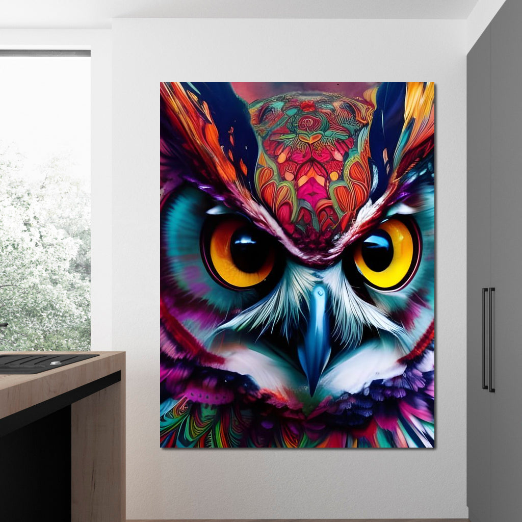 tablou canvas cu o bufnita tribala in culori vibrante redate in stil abstract